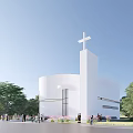 Historic White Church Building With Cross Spire Surrounding Trees And People