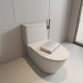 Modern White Toilet in Bathroom with Book on Lid and Mirror Wall