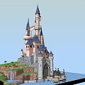 Ancient Castle Architecture With Multiple Spires Blue Roofs And Surrounding Water