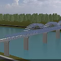 Blue Truss Bridge With Concrete Piers Spanning Water Green Trees And Train On Sky Cloud