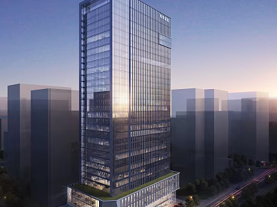 Modern High Rise Office Building With Glass Curtain Wall And Urban Sunset View 3d model