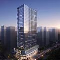 Modern High Rise Office Building With Glass Curtain Wall And Urban Sunset View