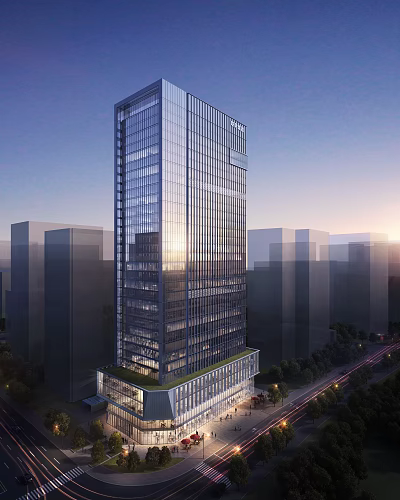 Modern High Rise Office Building With Glass Curtain Wall And Urban Sunset View 3d model