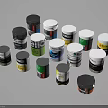 Various Colored Paint Cans With Different Brand Labels On White Background