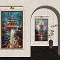 Chinese Pagoda Night Landscape Painting With Colorful Lights In Interior Decor Archway And Potted Plant