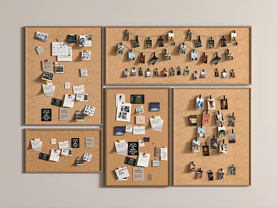 Photo Wall Arranged With Multiple Cork Boards Displaying Photos Notes And Cards 3d model