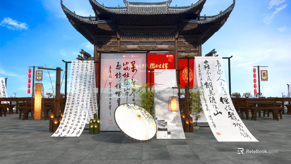 Traditional Chinese Architectural Scene With Calligraphy Scrolls Red Lanterns And Fan 3d model 