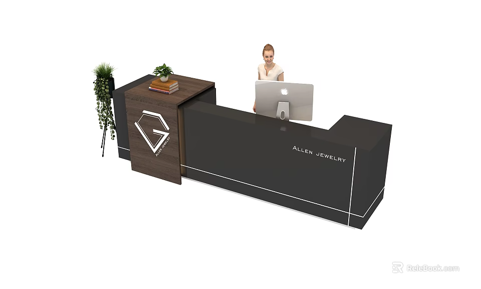 Modern Reception Desk with Receptionist Using Computer Wooden Accent Green Plant and Company Logo 3d model 