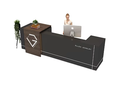 Modern Reception Desk with Receptionist Using Computer Wooden Accent Green Plant and Company Logo 3d model