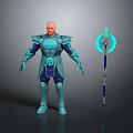 Man Wearing Blue Battle Armor with Glowing Spear and Intricate Design Details