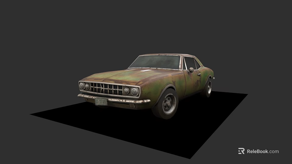 Rusty Green Vintage Coupe Car Exterior With Classic Front Grille And Old Wheels 3d model 