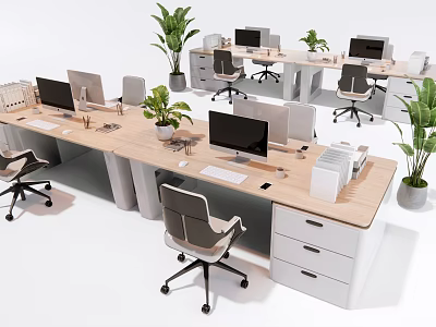 Modern Office Desks With Computers Ergonomic Chairs Potted Plants And Files 3d model