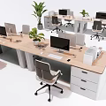 Modern Office Desks With Computers Ergonomic Chairs Potted Plants And Files