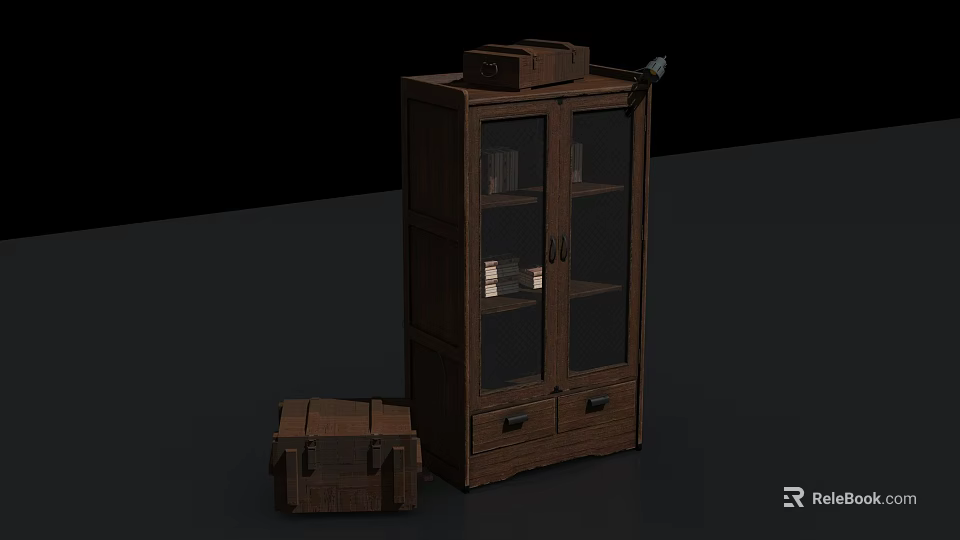 Vintage Wooden Bookcase With Glass Doors Shelves Drawers And Side Wooden Trunk 3d model 