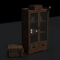 Vintage Wooden Bookcase With Glass Doors Shelves Drawers And Side Wooden Trunk