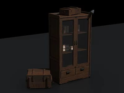 Vintage Wooden Bookcase With Glass Doors Shelves Drawers And Side Wooden Trunk 3d model