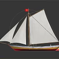 Detailed Sailboat Model With White Sails Brown Masts Red Flag And Red White Hull