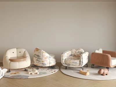 Cute Children's Chairs With Colorful Patterns And Soft Seats On Round Rugs 3d model
