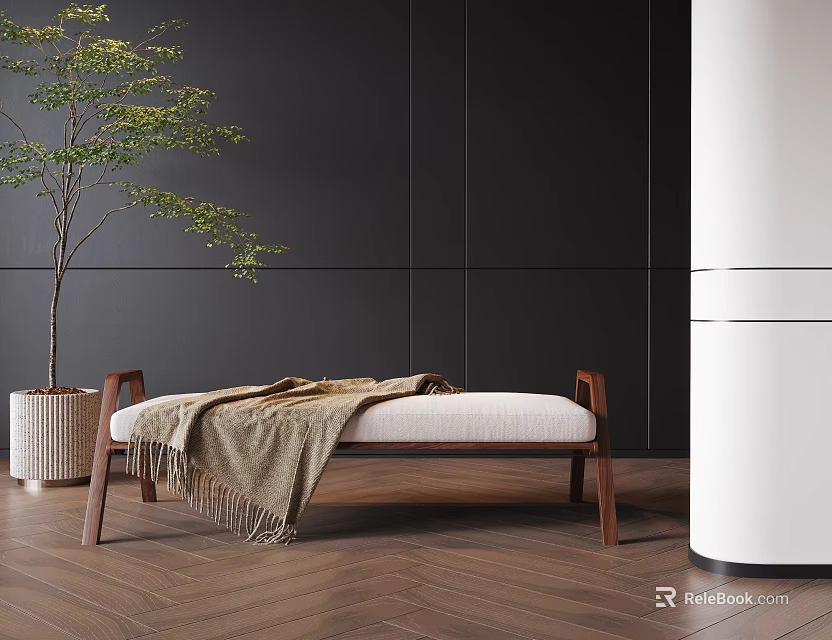 Wooden Frame Bench With Beige Seat Brown Blanket Against Black Wall Green Plant Wooden Floor 3d model 