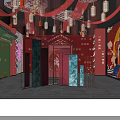 Traditional Chinese Interior With Red Decorations Lanterns Peking Opera Mural And Neon Sign