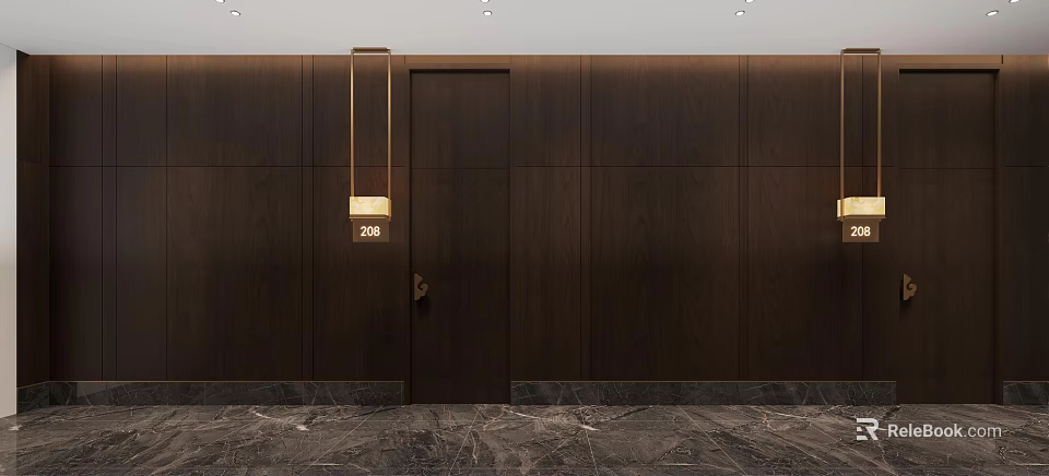 Hotel Corridor Interior With Dark Wooden Walls Room Number 208 Hanging Light And Marble Flooring 3d model 