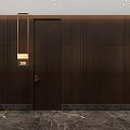 Hotel Corridor Interior With Dark Wooden Walls Room Number 208 Hanging Light And Marble Flooring