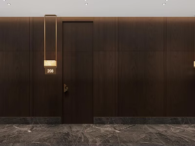 Hotel Corridor Interior With Dark Wooden Walls Room Number 208 Hanging Light And Marble Flooring 3d model