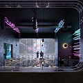 Modern Bar Interior With Neon Lights Hanging Lamps Counter And Guest Tables