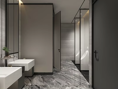 Modern Public Restroom With Marble Floor Washbasins Mirror Walls And Private Stalls 3d model