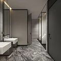 Modern Public Restroom With Marble Floor Washbasins Mirror Walls And Private Stalls