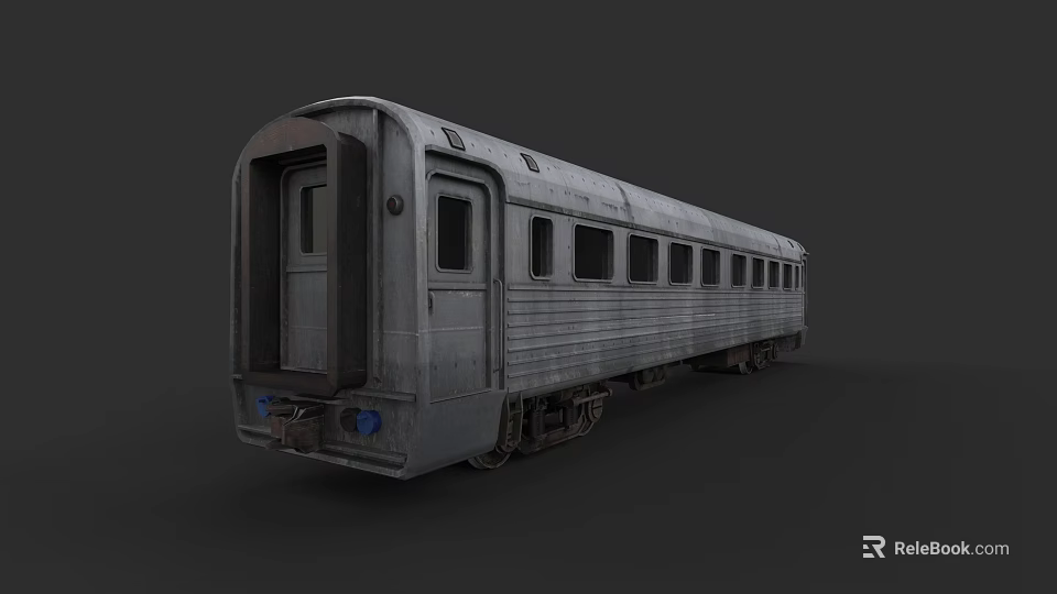 Old Style Metal Train Carriage With Multiple Windows Rear Door And Blue Lights 3d model 