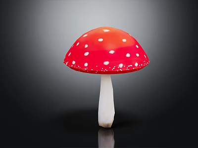 Shiny Red Mushroom with White Spots on Cap and White Stem Isolated on Black Background 3d model
