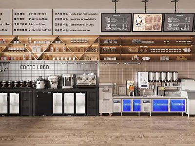 Coffee Shop Kitchen Featuring Various Coffee Machines And Refrigeration Appliances On Display Shelves 3d model