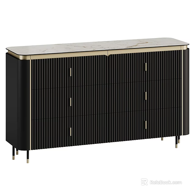Modern Black Sideboard With Vertical Slat Doors Marble Top And Gold Legs 3d model 