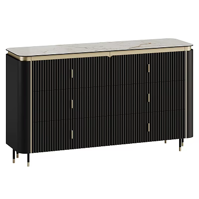 Modern Black Sideboard With Vertical Slat Doors Marble Top And Gold Legs 3d model