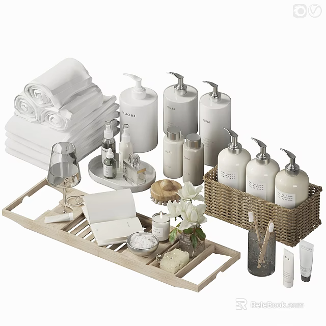 Daily Laundry Essentials With White Rolled Towels Soap Dispensers Wooden Tray And Woven Basket 3d model 