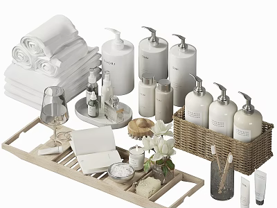 Daily Laundry Essentials With White Rolled Towels Soap Dispensers Wooden Tray And Woven Basket 3d model