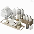 Daily Laundry Essentials With White Rolled Towels Soap Dispensers Wooden Tray And Woven Basket