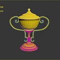 Golden Trophy With Ornate Handles Lid And Shiny Base Design