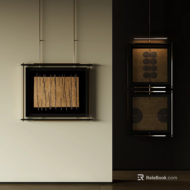 Wall Mounted Modern Decorative Square Frames With Wooden Stripes And Circular Patterns 3d model 