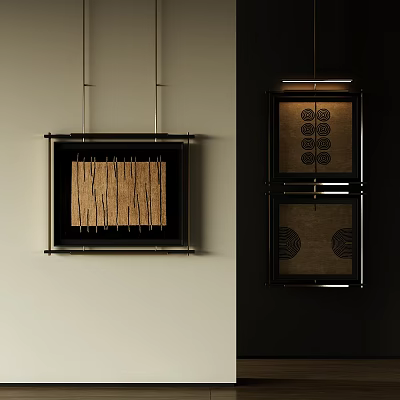 Wall Mounted Modern Decorative Square Frames With Wooden Stripes And Circular Patterns 3d model