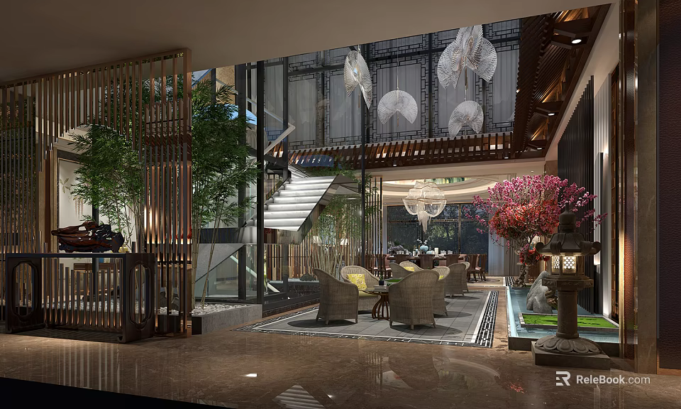 Elegant Private Room Interior Design With Green Plants Chandeliers And Wooden Decor 3d model 