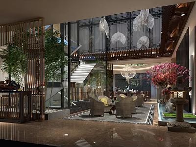 Elegant Private Room Interior Design With Green Plants Chandeliers And Wooden Decor 3d model