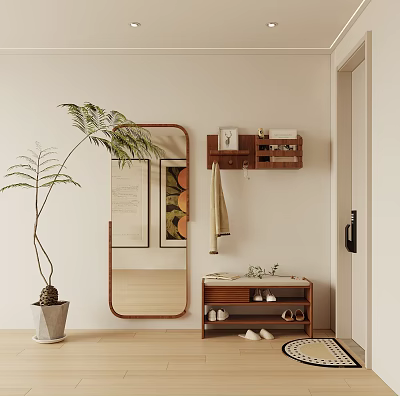 Minimalist Modern Entryway Hallway Design With Round Mirror Green Plant And Wooden Shoe Cabinet 3d model