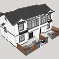 Semi Detached Villa With White Exterior Black Roof Two Story Wooden Fence Family Friendly Entrance
