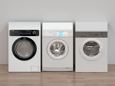 Three White Washing Machines On Wooden Floor With Different Control Panels 3d model
