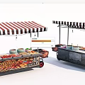 Food Vending Cart With Striped Awning Food Display Bowls And Wheels