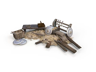 Antique Hand Tools Collection With Wooden Spindles Baskets And Straw Mats 3d model