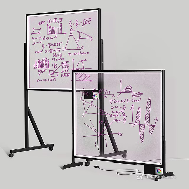Musical Instruments and Art Supplies Display on Wheeled Whiteboard Stands with Purple Math Charts and Formulas 3d model 