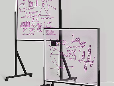 Musical Instruments and Art Supplies Display on Wheeled Whiteboard Stands with Purple Math Charts and Formulas 3d model
